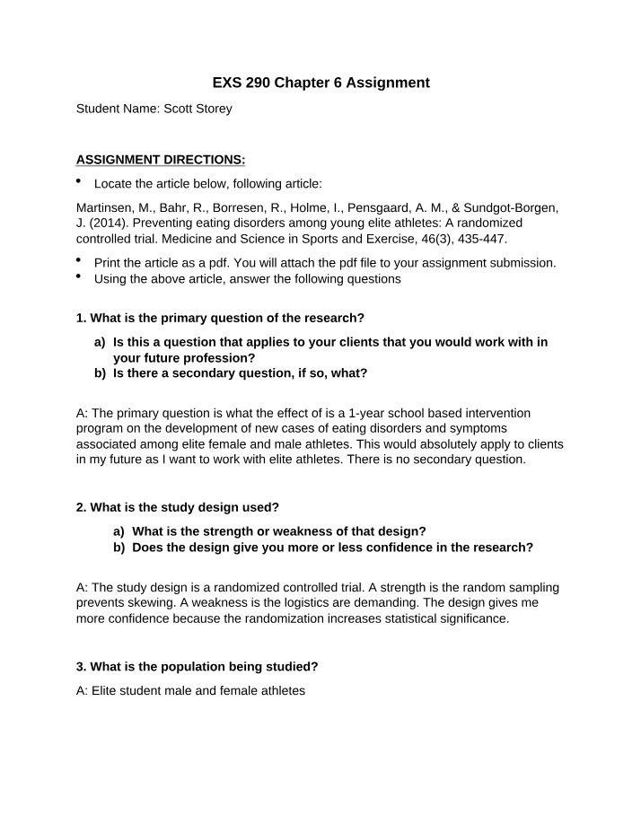 Assignment for EXS 290 Chapter 6