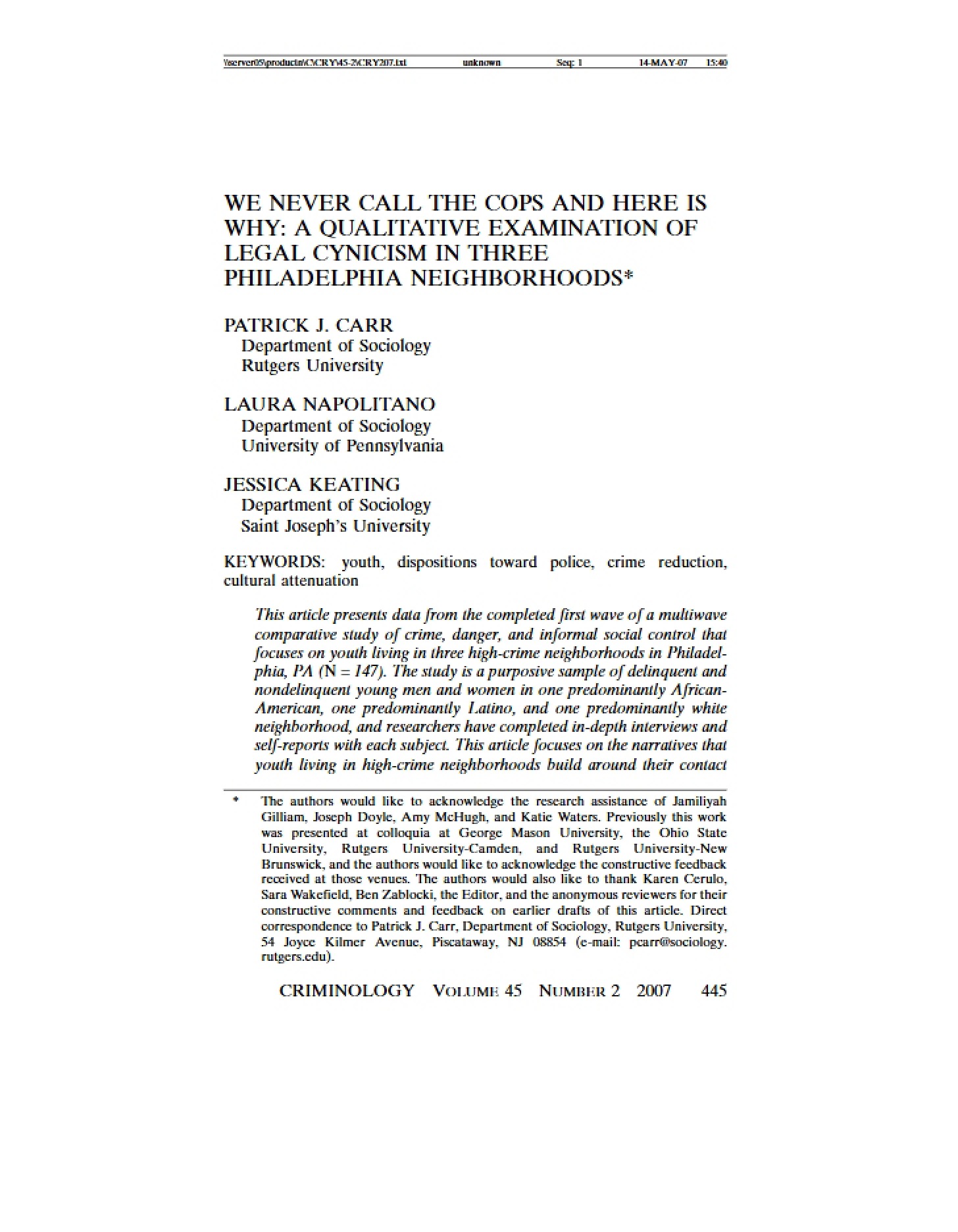 Legal Cynicism in Philadelphia A Qualitative Study