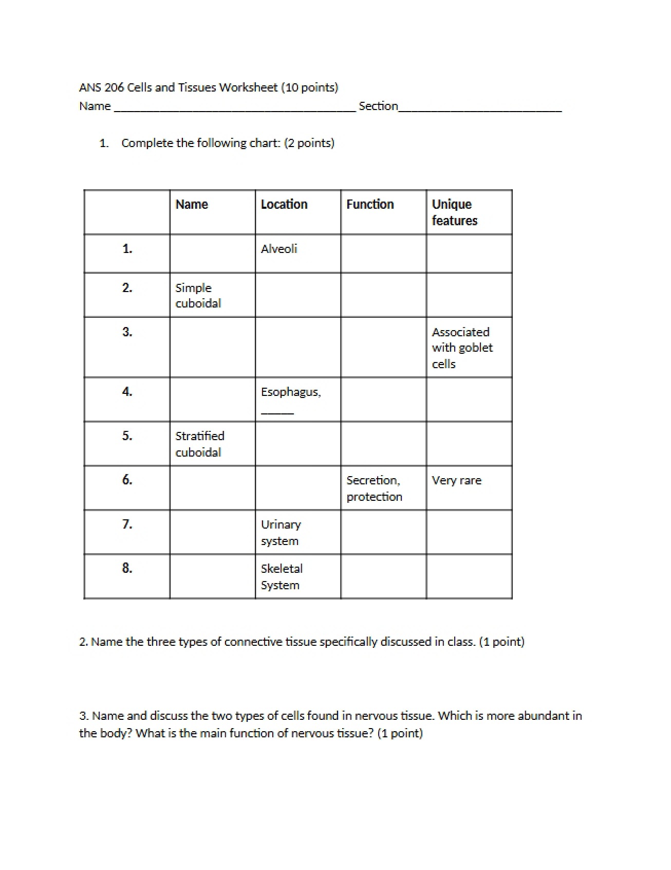 Worksheet on Cells and Tissues