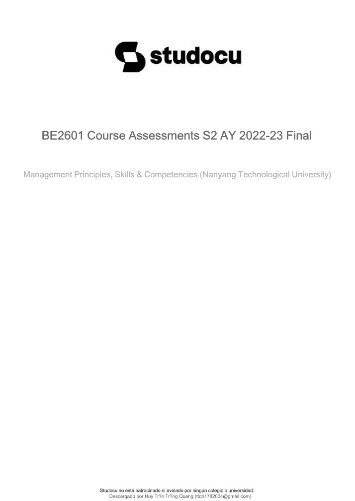 BE2601 Management Principles Assessments and Competencies