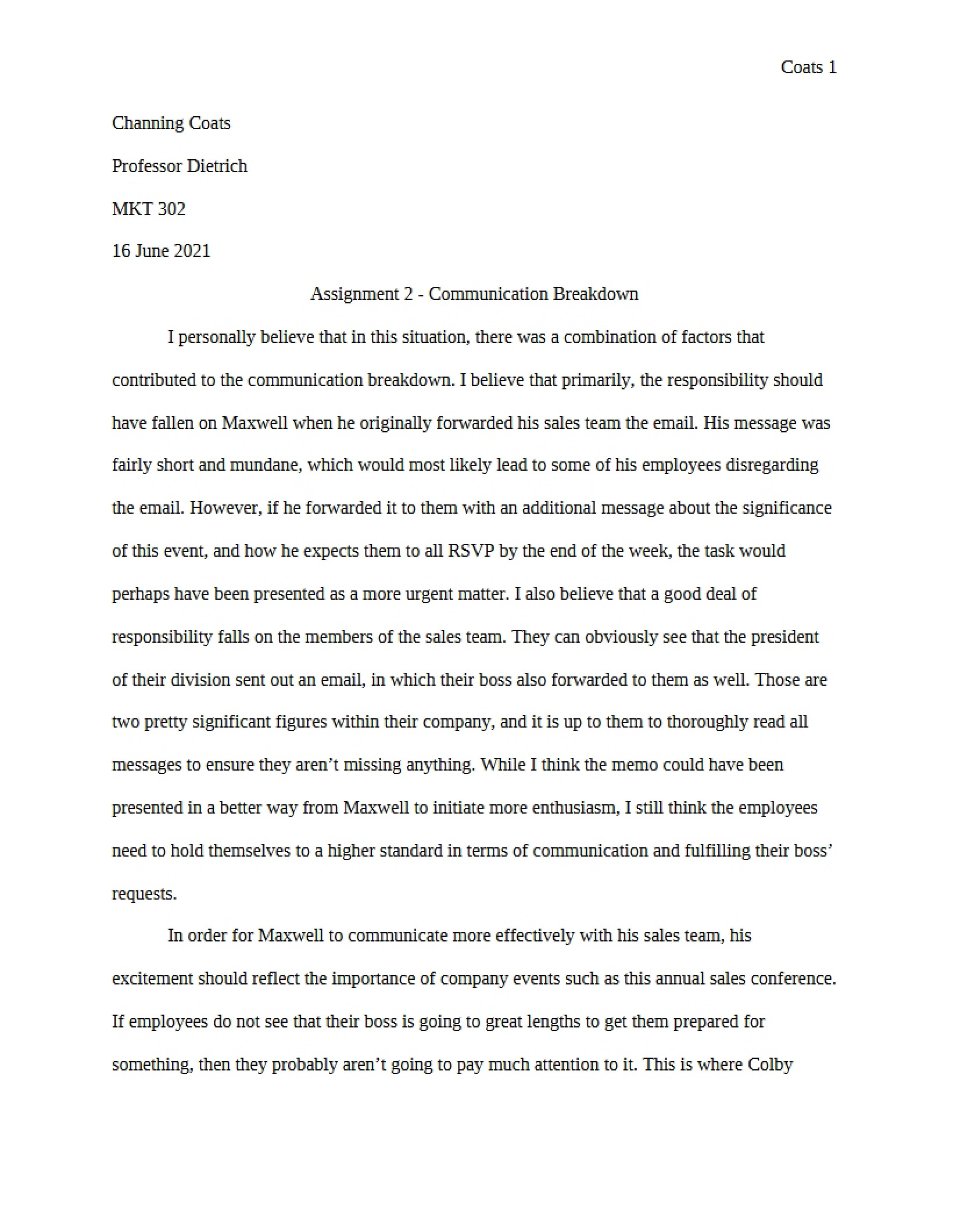 Breakdown in Communication Assignment 2