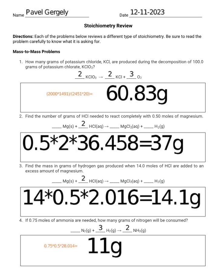 Practice Problems for Stoichiometry Review v2