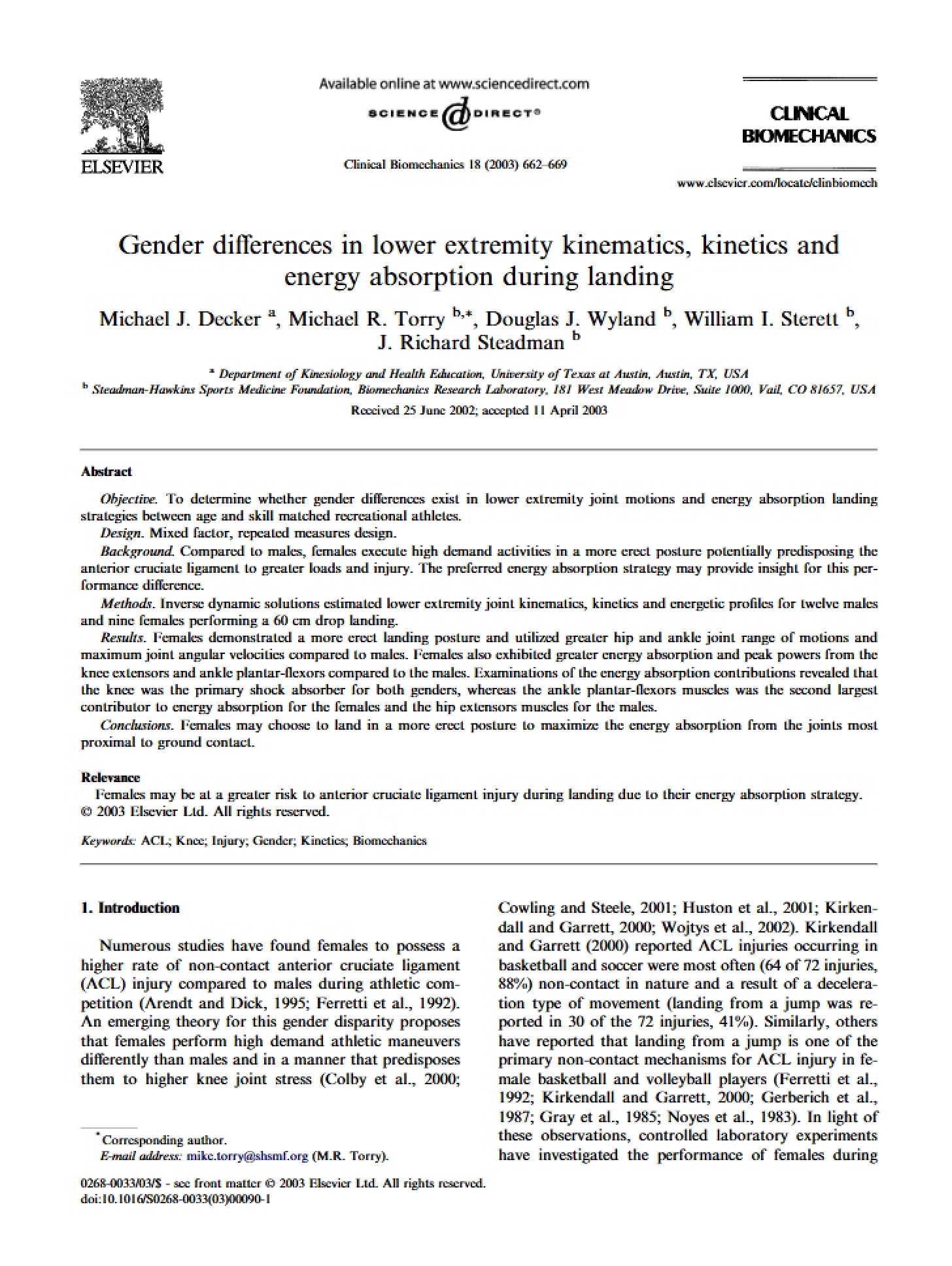 Lower Extremity Kinematics and Kinetics Gender Differences in Landing