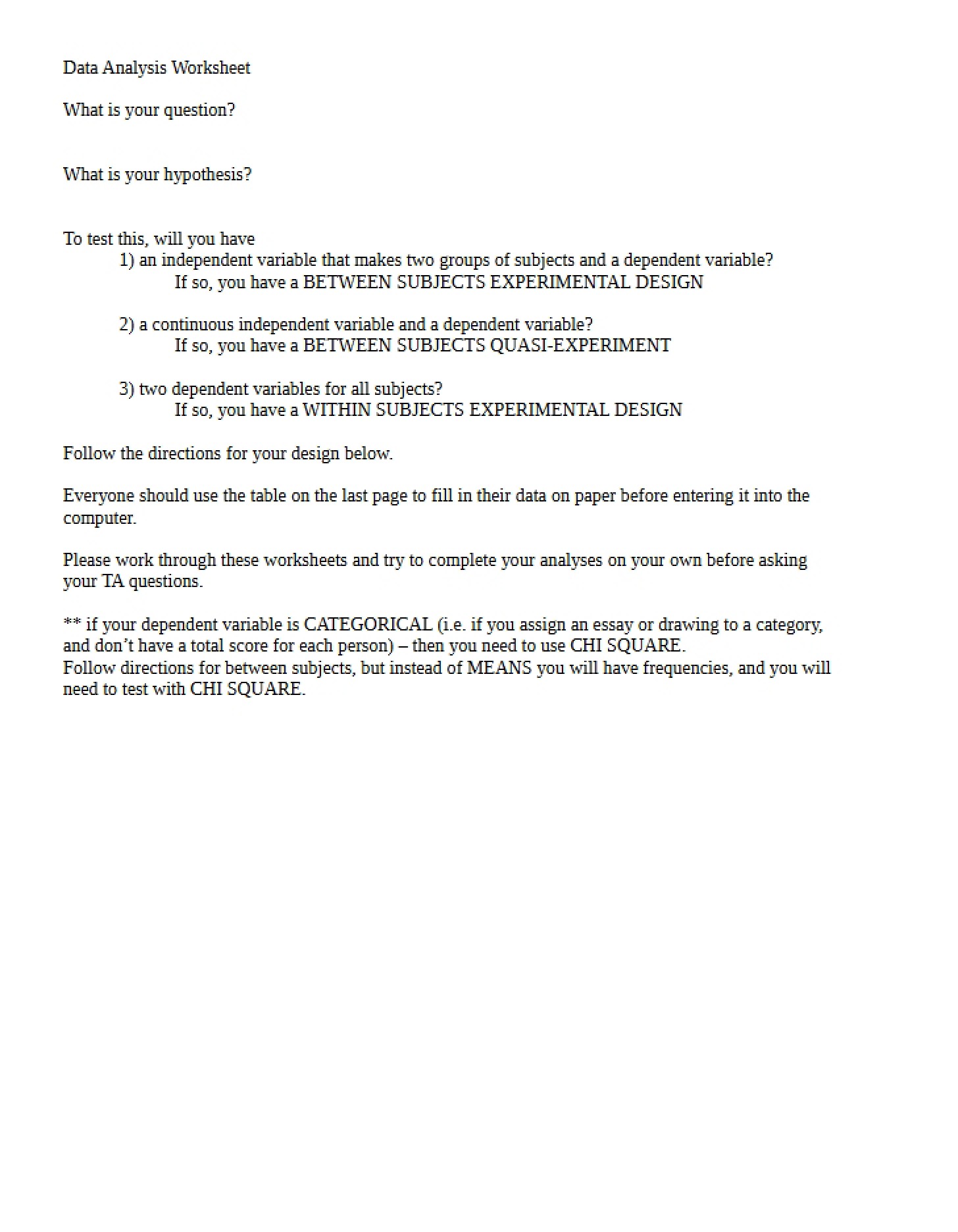 Worksheet for Analyzing Data