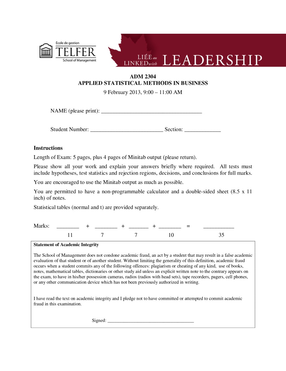 Statistical Methods in Business - ADM 2304 Exam