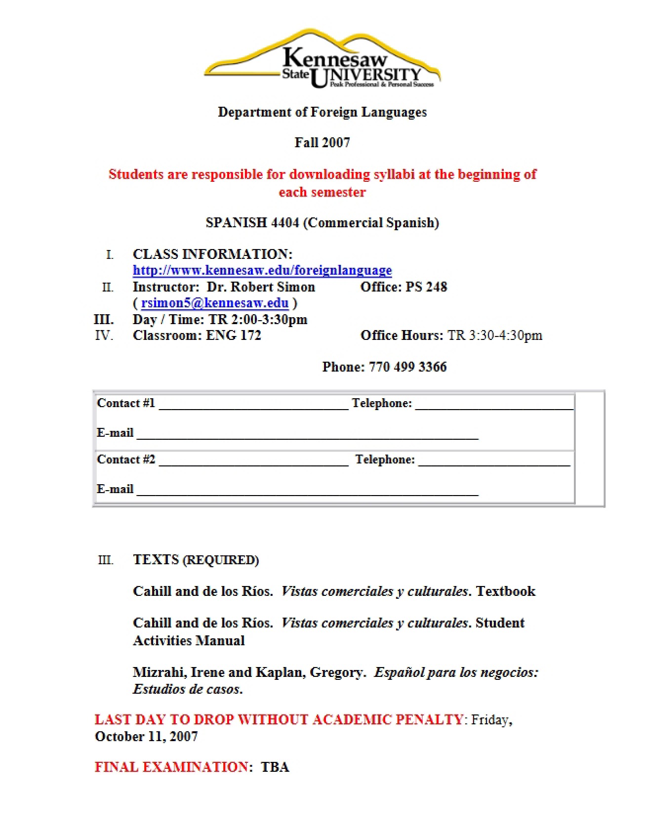 Course Outline for Commercial Spanish