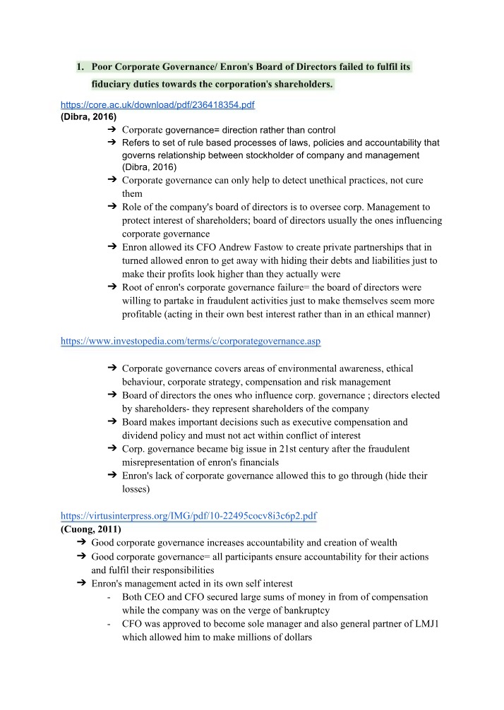 Analysis of Enron Corporate Governance and Compensation Agreements
