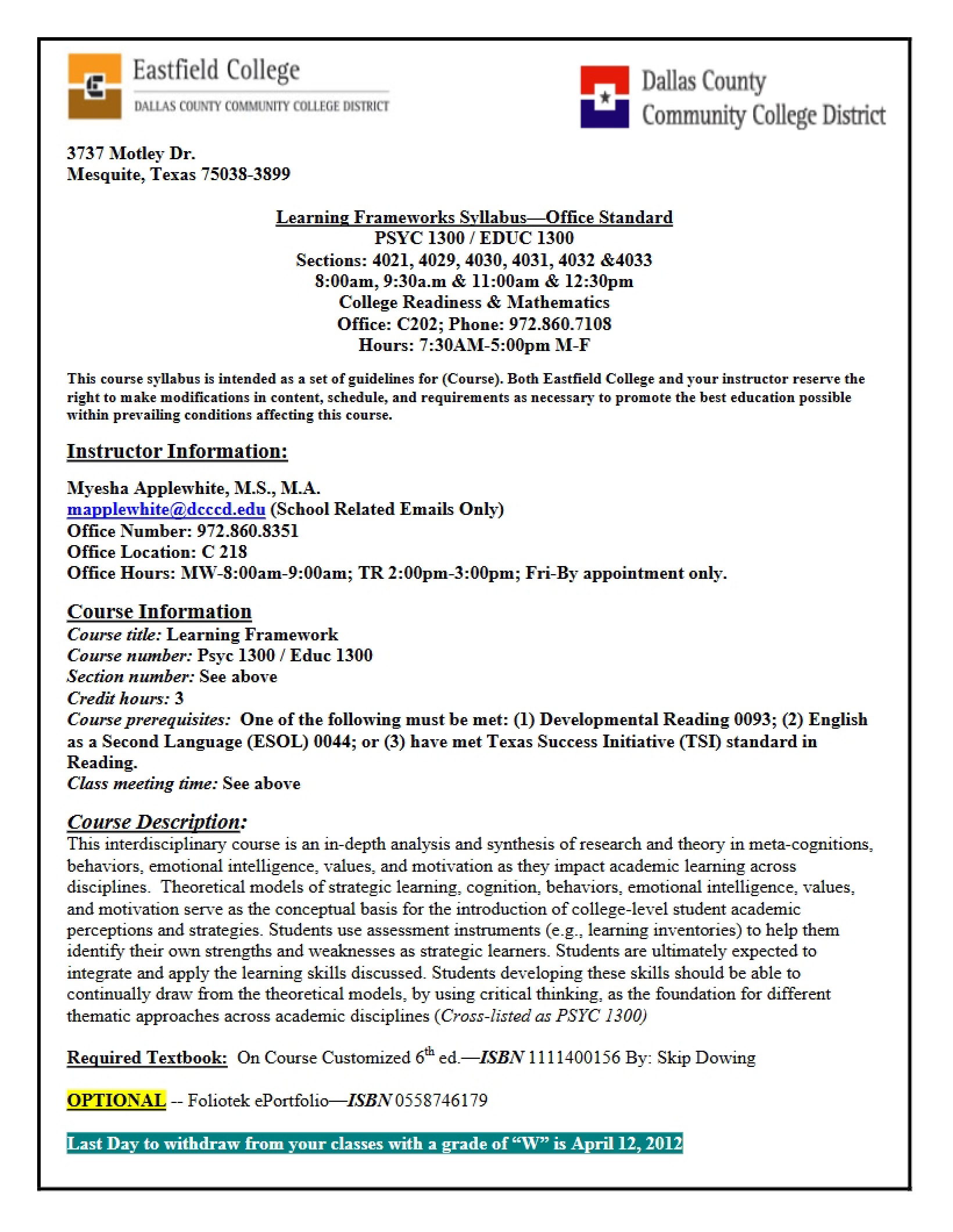 Learning Framework Course Syllabus - 17 Pages