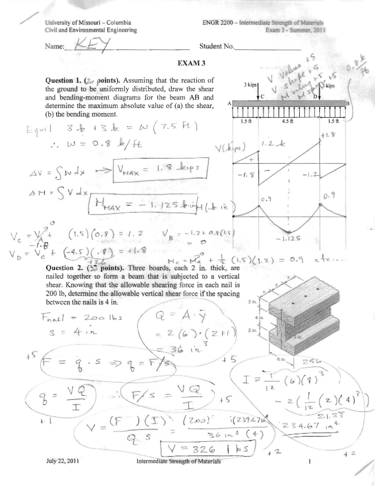 Solution to Exam 3 (Summer 2011)