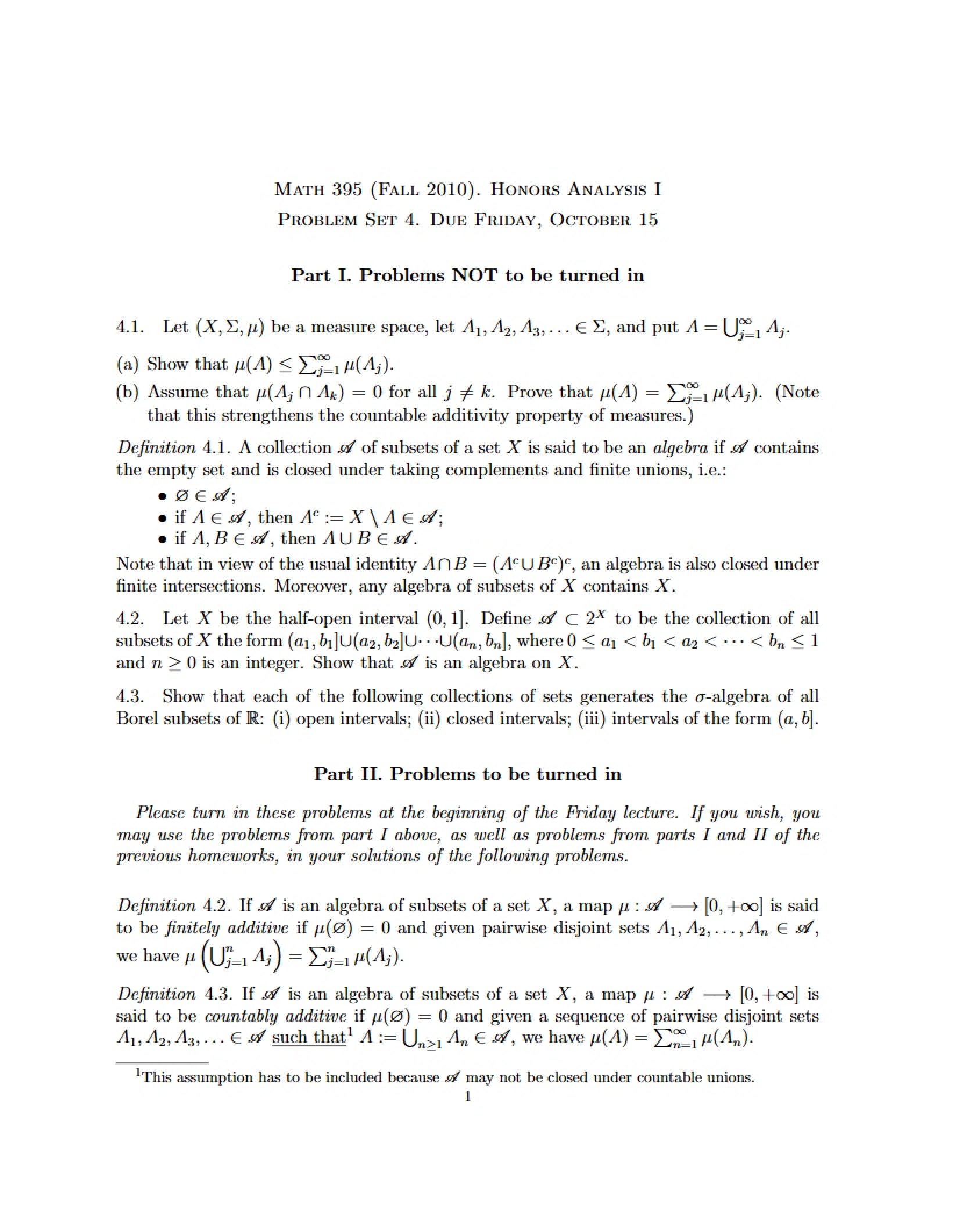 Problem Set for Math 395