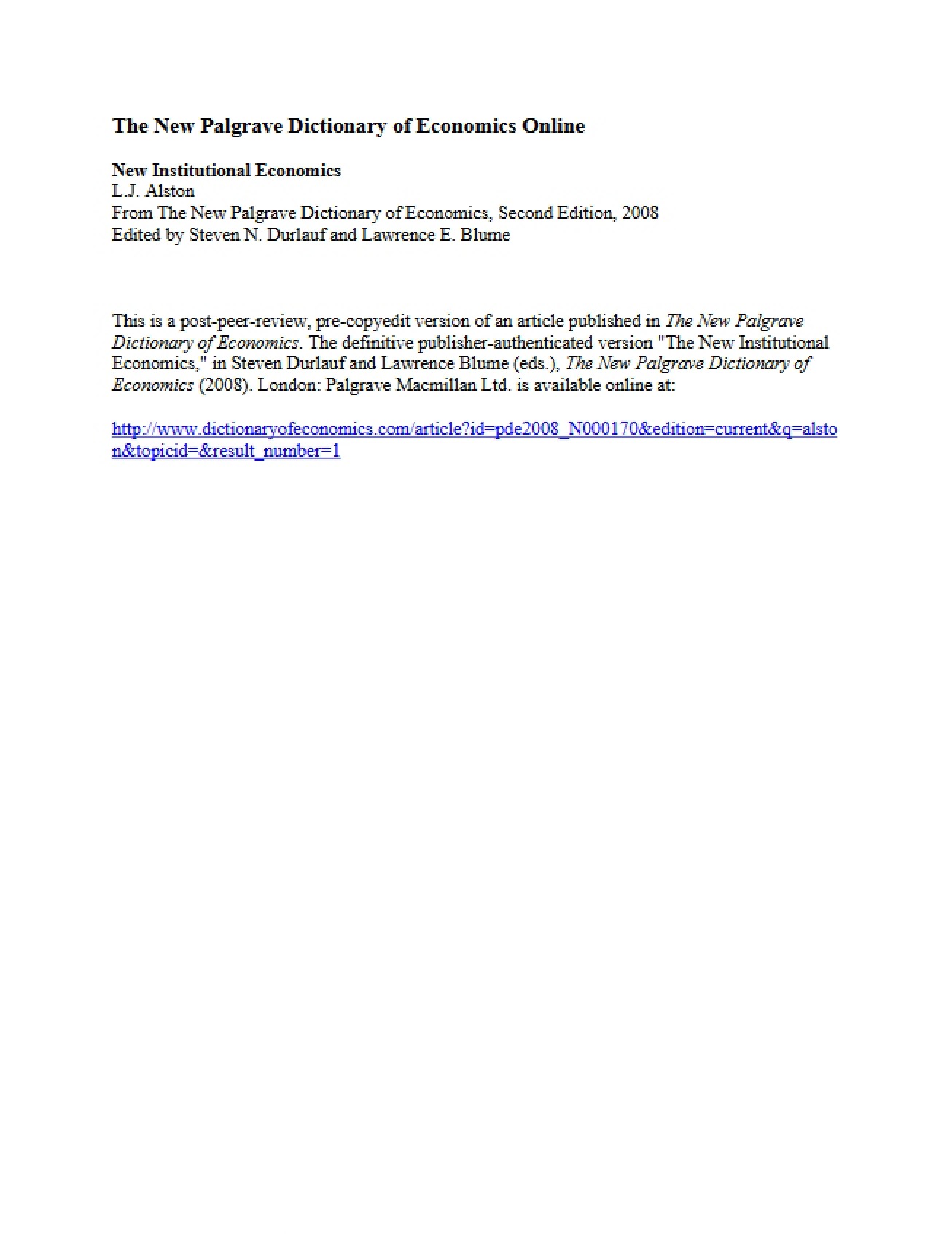 New Palgrave Dictionary of Economics Online Entry