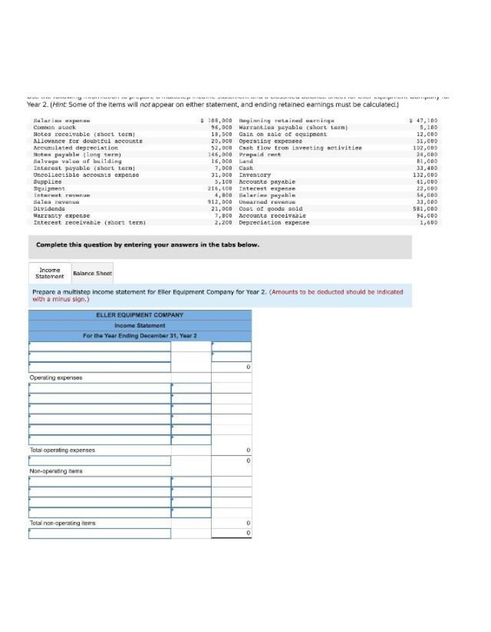 Preparing a Multistep Income Statement for Eller Equipment Co