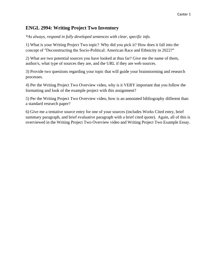 Writing Project Two Inventory - ENGL 2994
