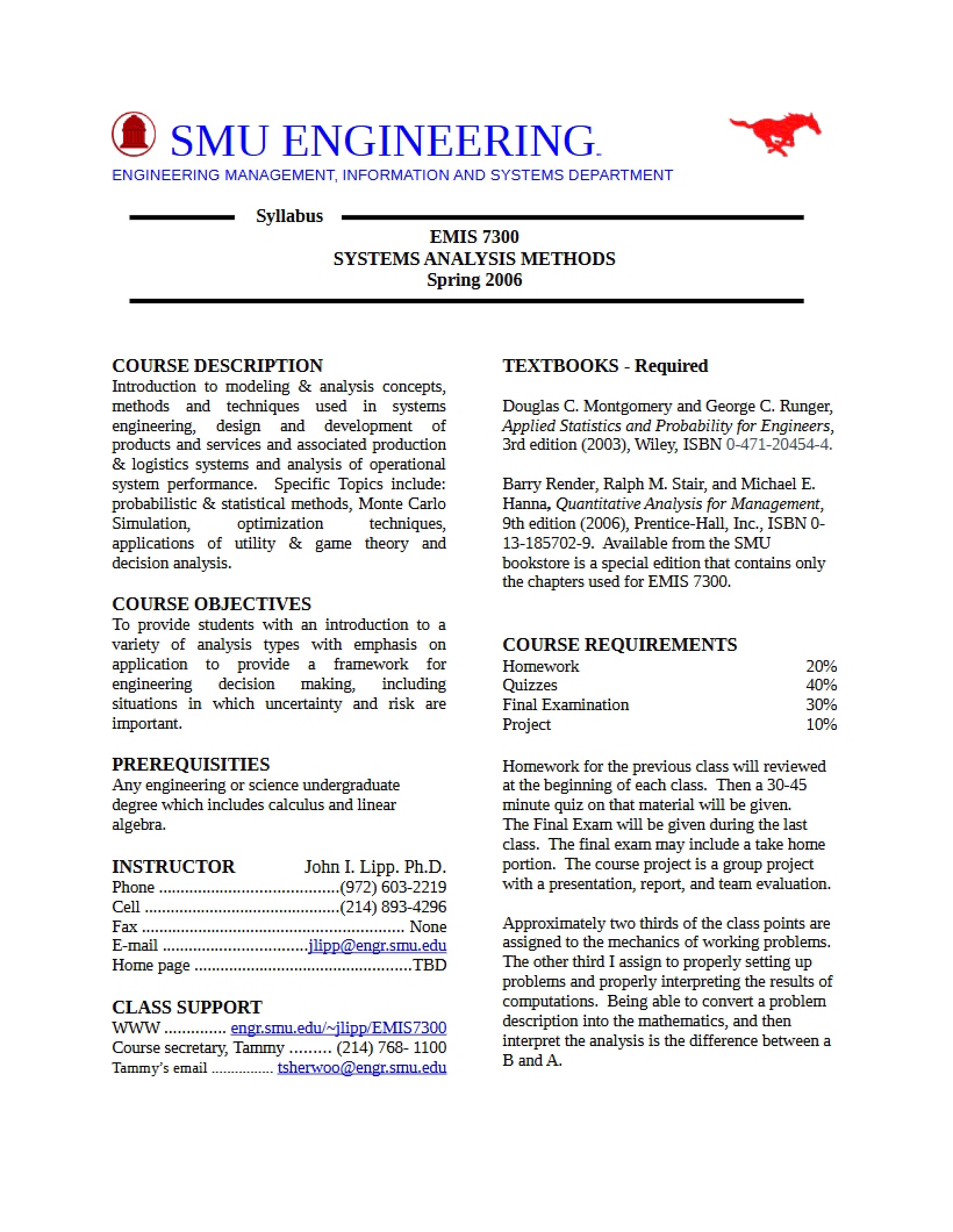 Systems Analysis Methods Syllabus