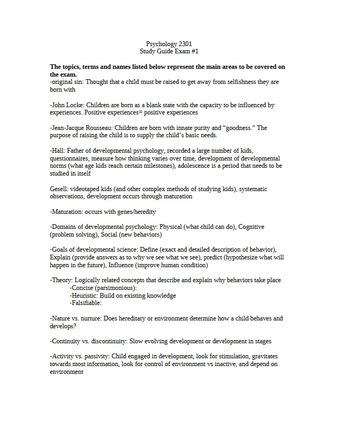 Study Guide for the First Exam on Developmental Psychology