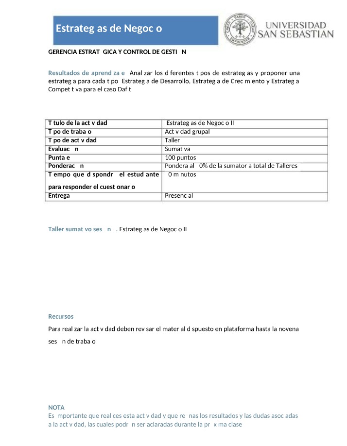 Taller y Pauta de Evaluación de Estrategias de Negocio
