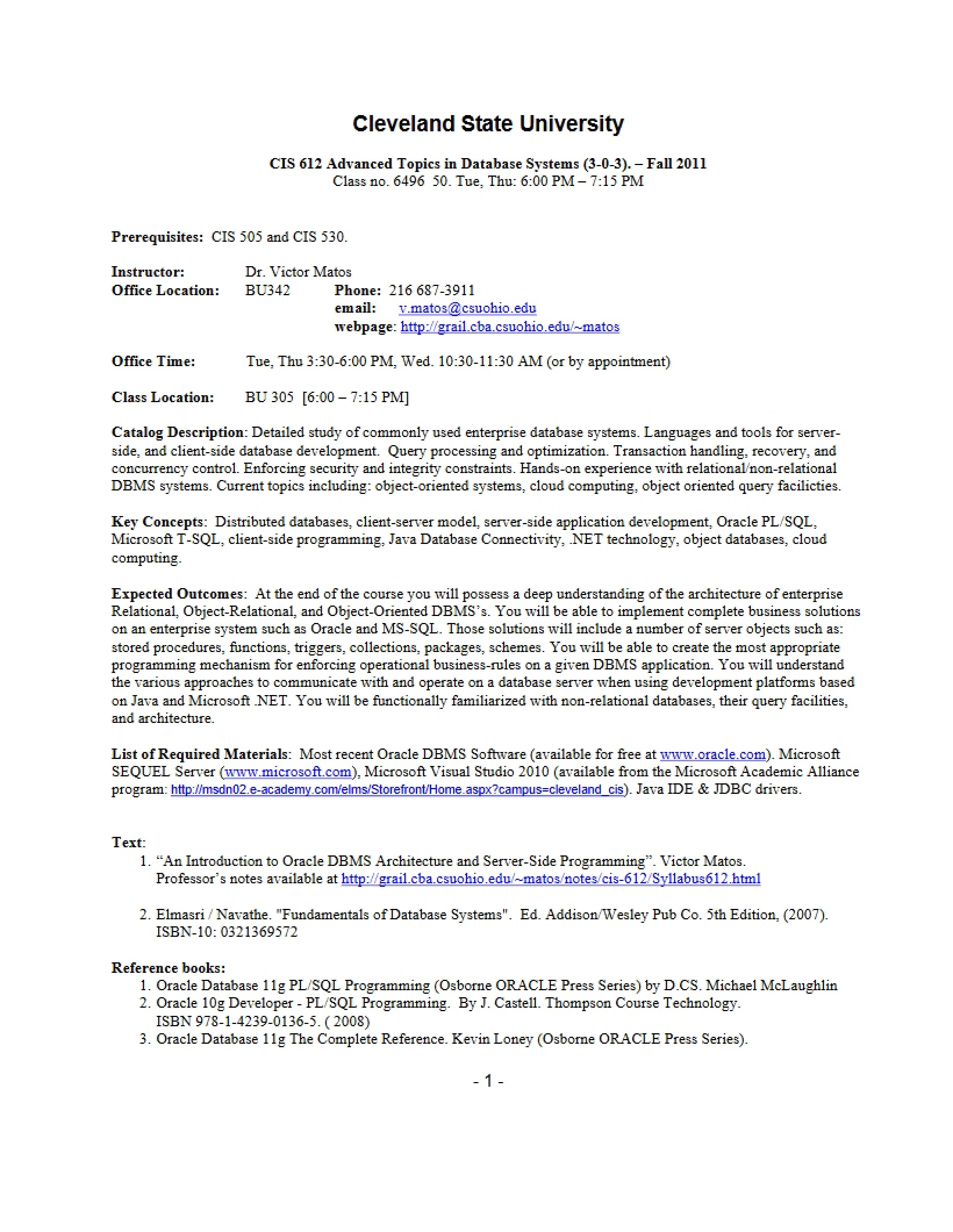 Adv Topics in Database Systems Syllabus