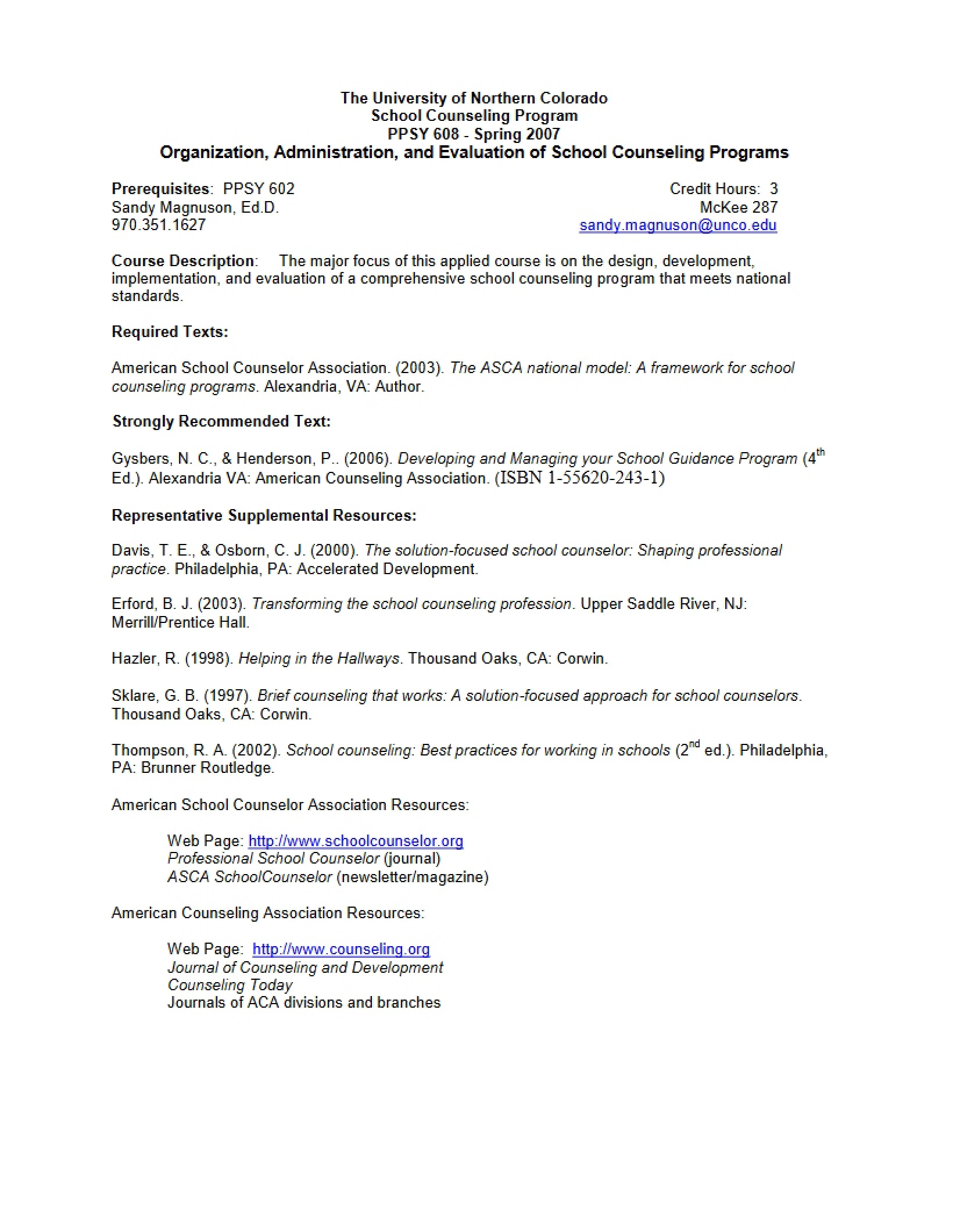 School Counseling Programs Evaluation, Administration, and Organization