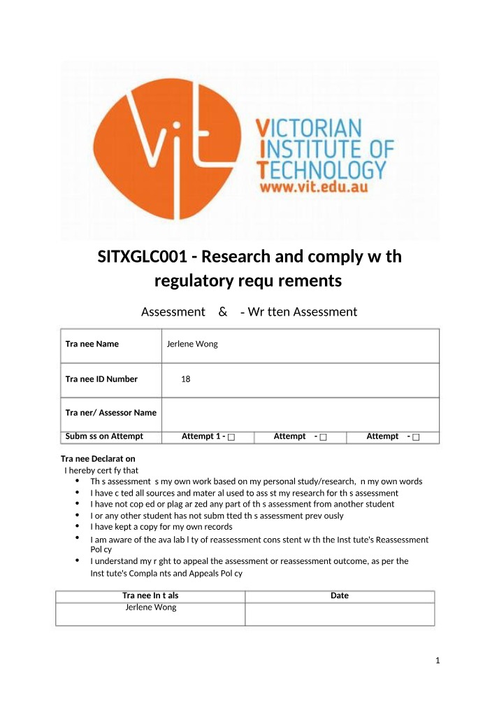 Written Assessment - SITXGLC001