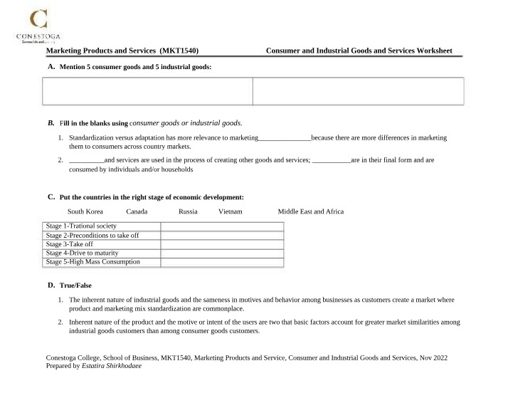 Worksheet on Consumer and Industrial Goods and Services