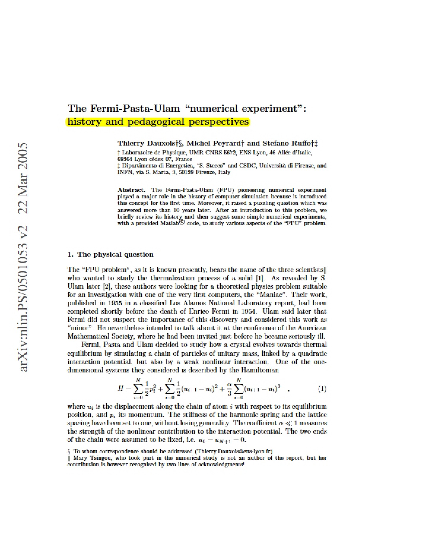 Numerical Experiment Fermi-Pasta-Ulam