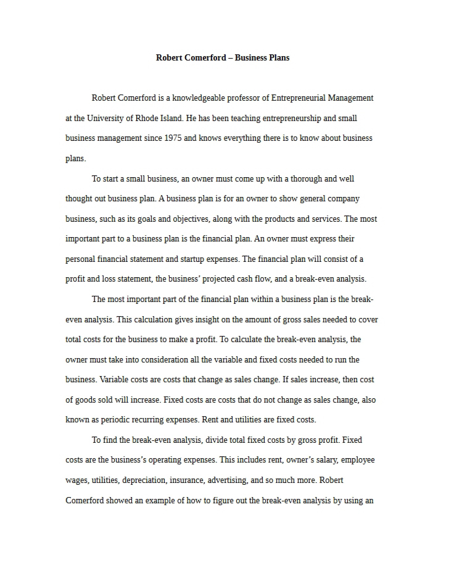 Business Plan Paper Robert Comerford