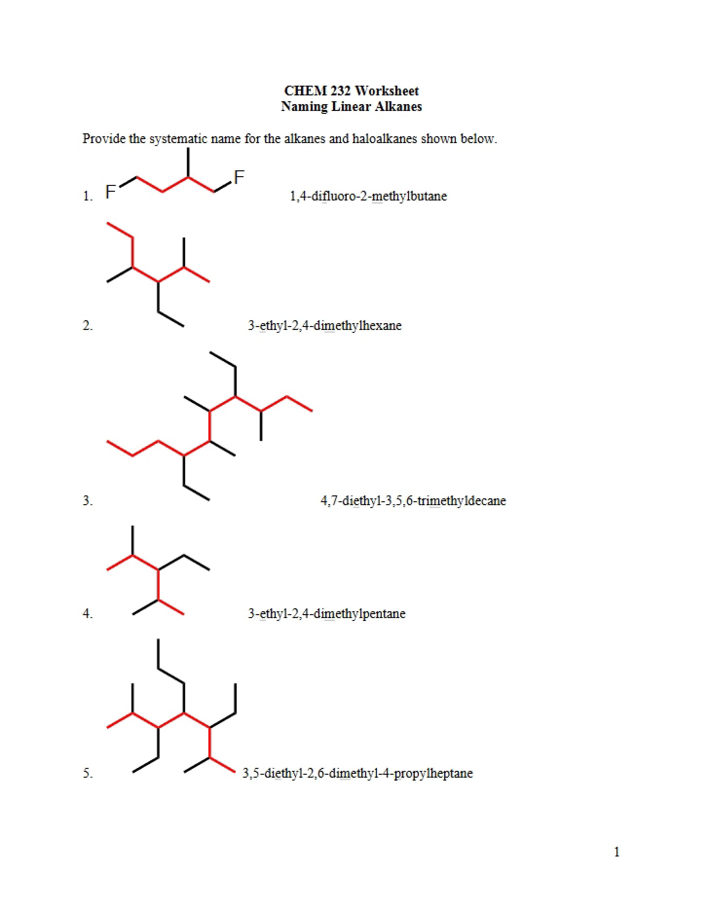 Linear Alkane Naming Key Worksheet 4