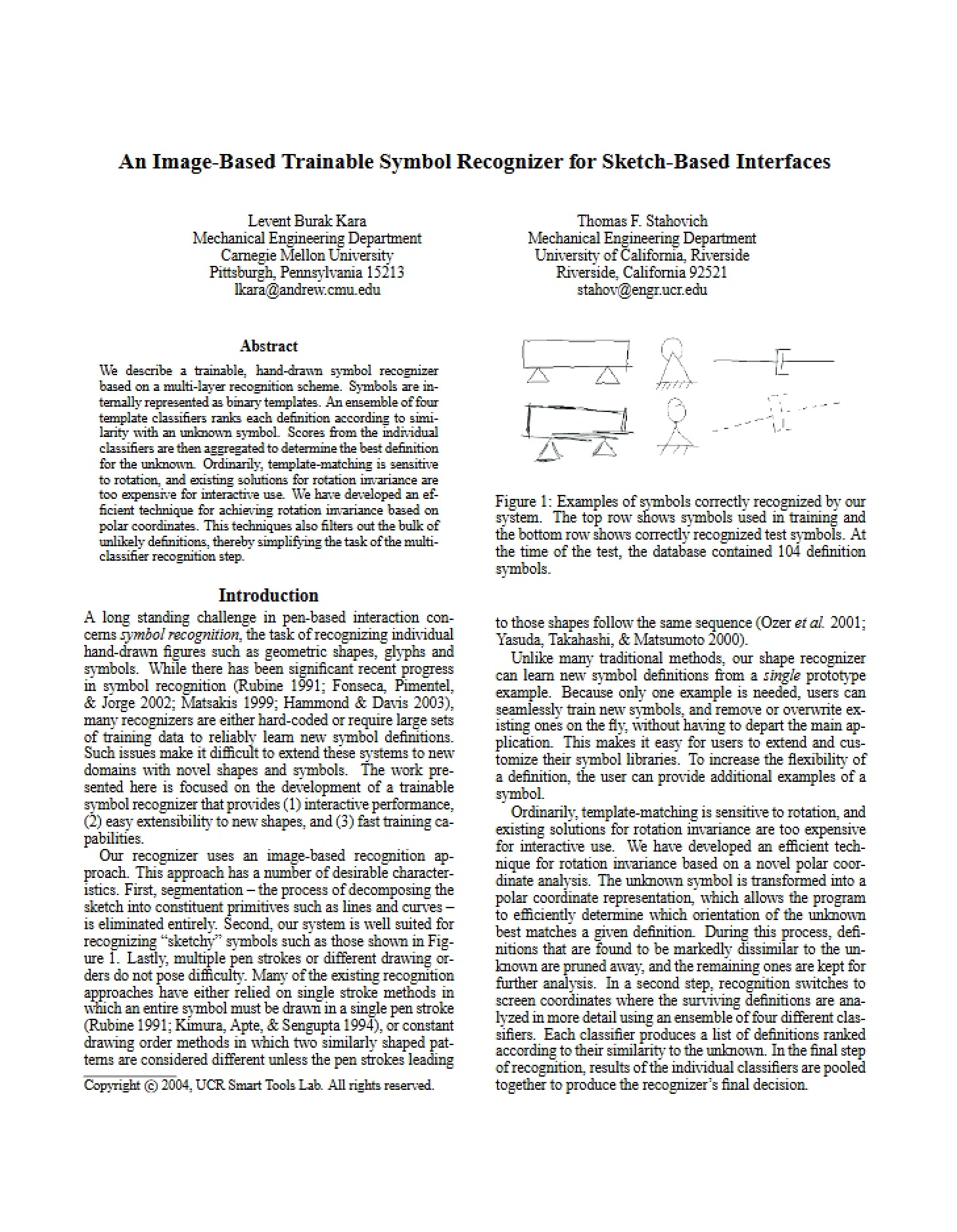 Sketch-Based Interfaces An Image-Based Trainable Symbol Recognizer