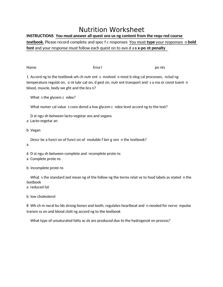 Worksheet on Nutrition