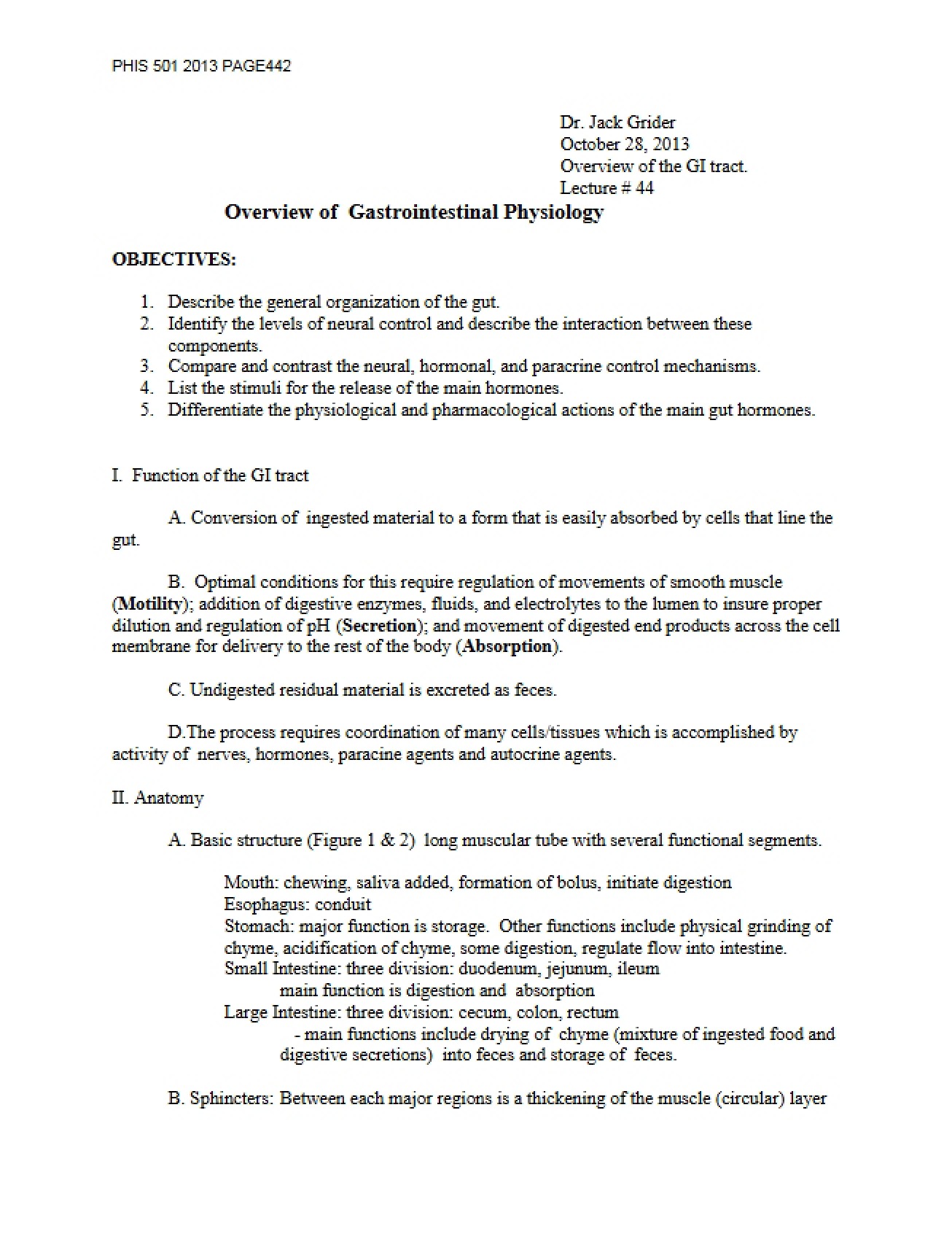 GI Tract Overview (PHIS 501 Lecture 44)