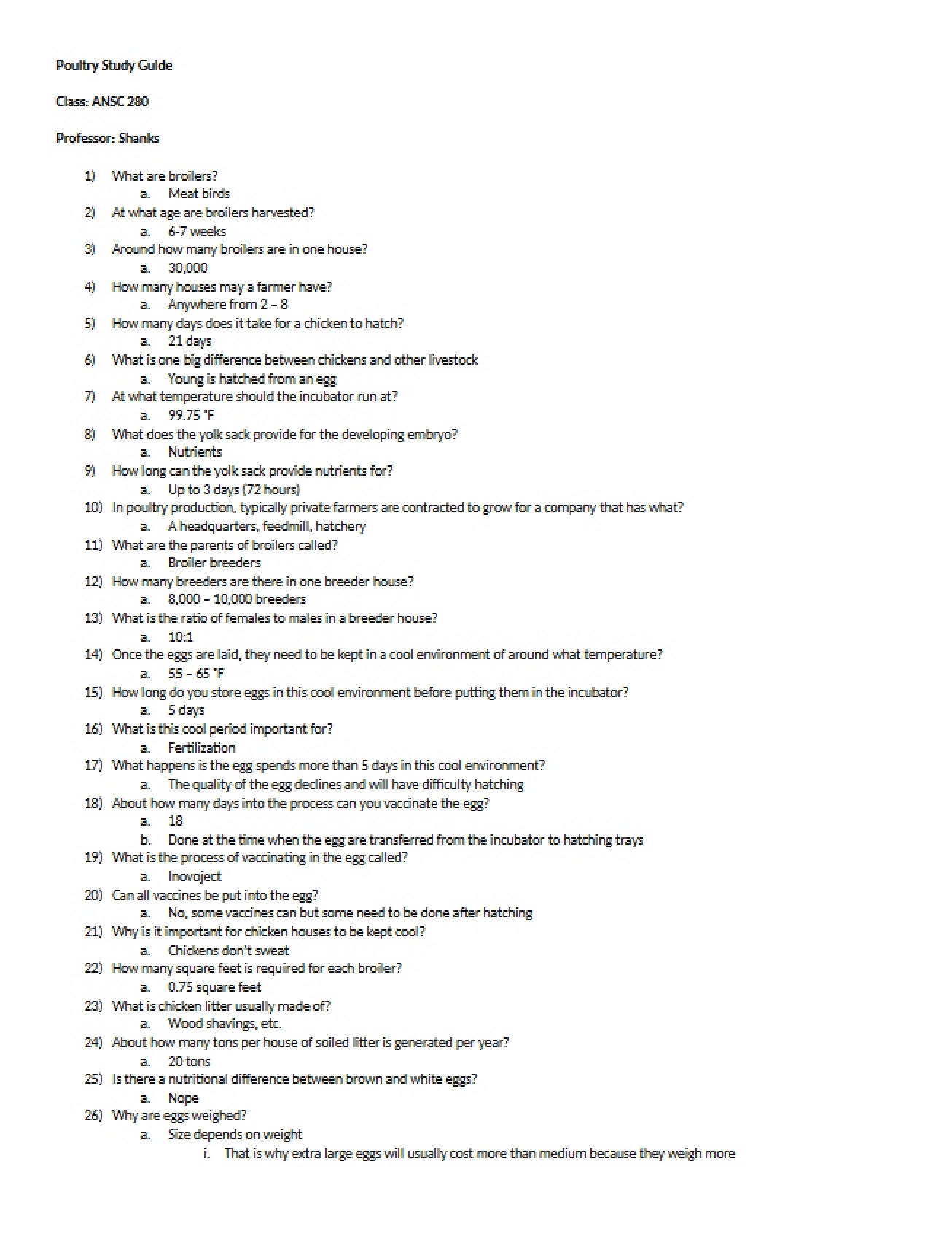 Study Guide for Poultry