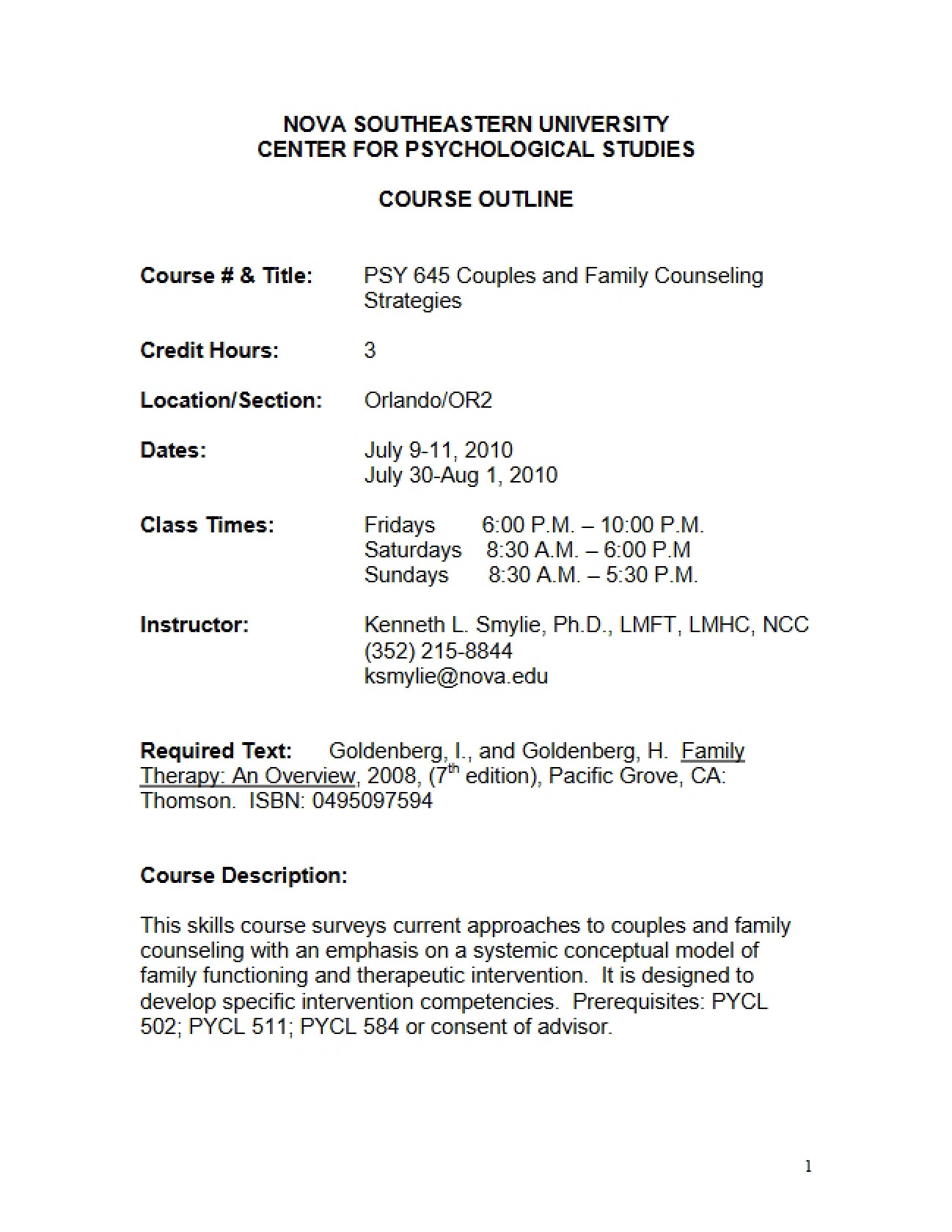 Syllabus for Couples and Family Counseling
