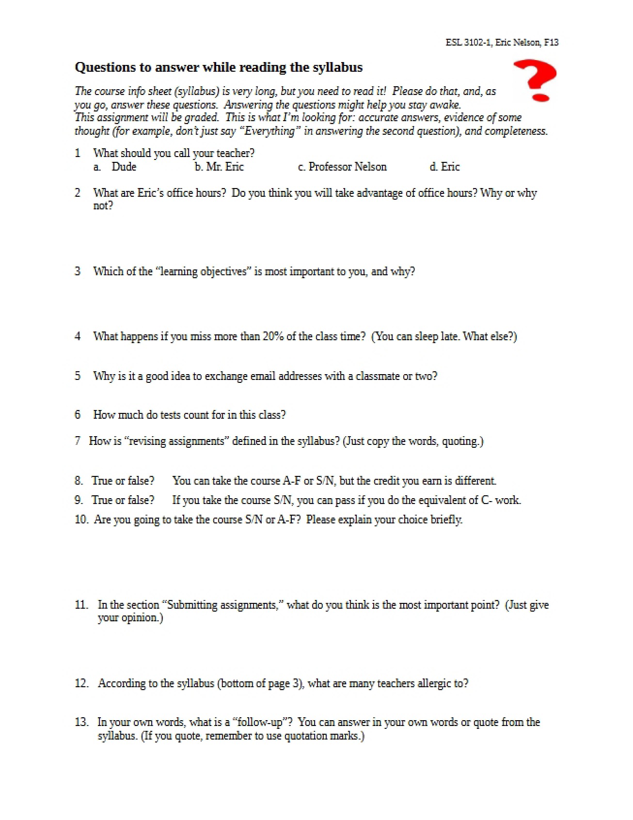 Syllabus Reading Questions