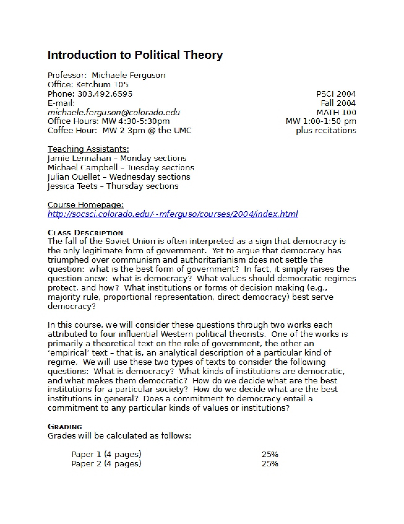 Survey of Western Political Thought Syllabus