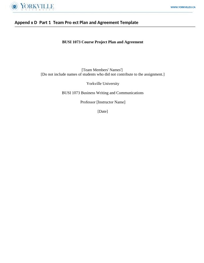 Course Project Plan and Agreement - BUSI1073