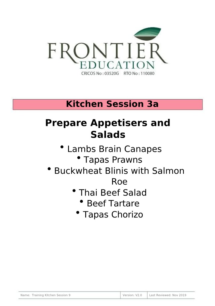 Preparation of Appetisers and Salads