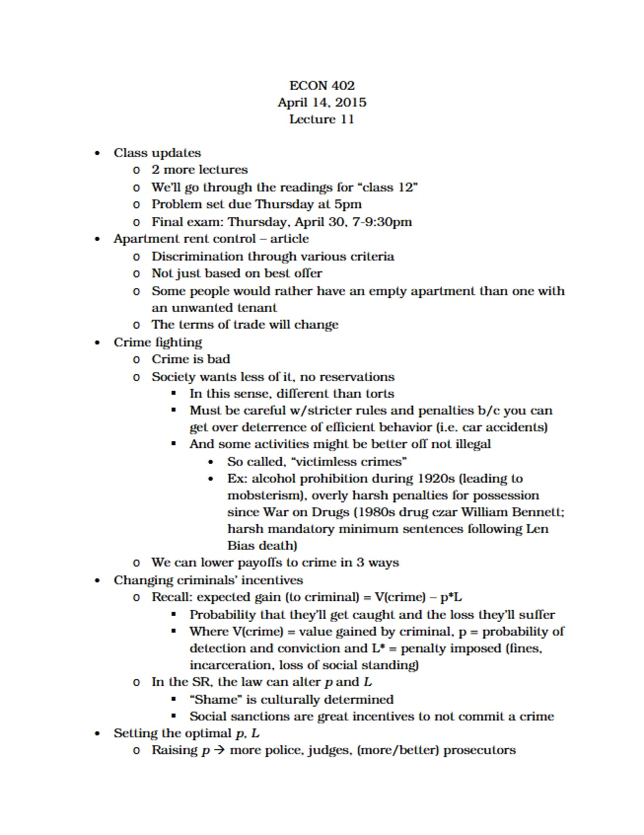 Law and Economics Lecture Eleven