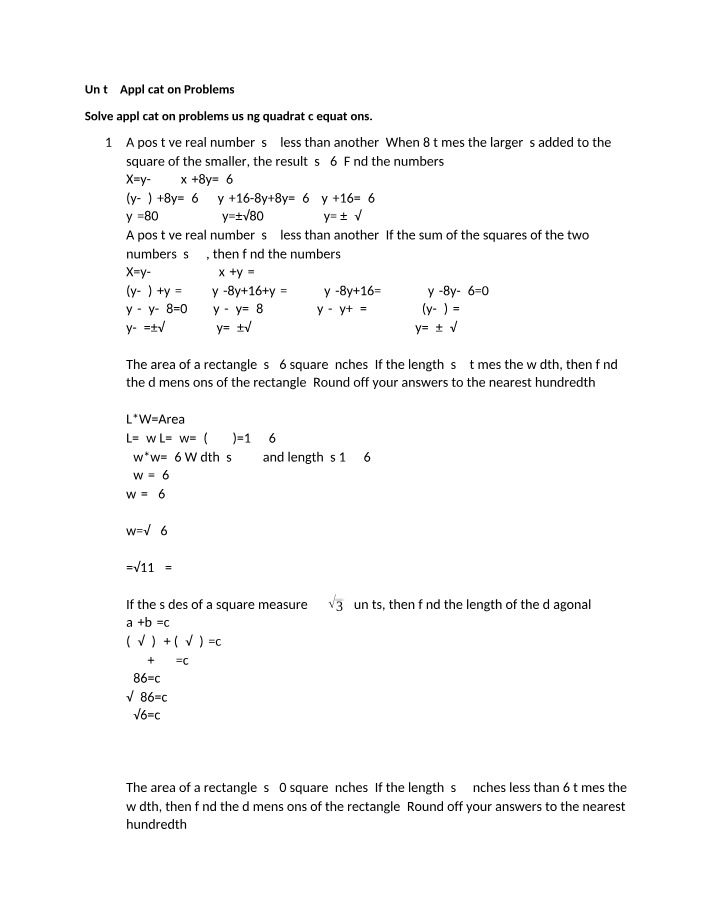 Quadratic Equations - Solving Application Problems