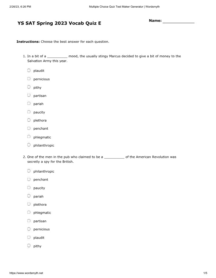 YS SAT Vocab Quiz E (Spring 2023)