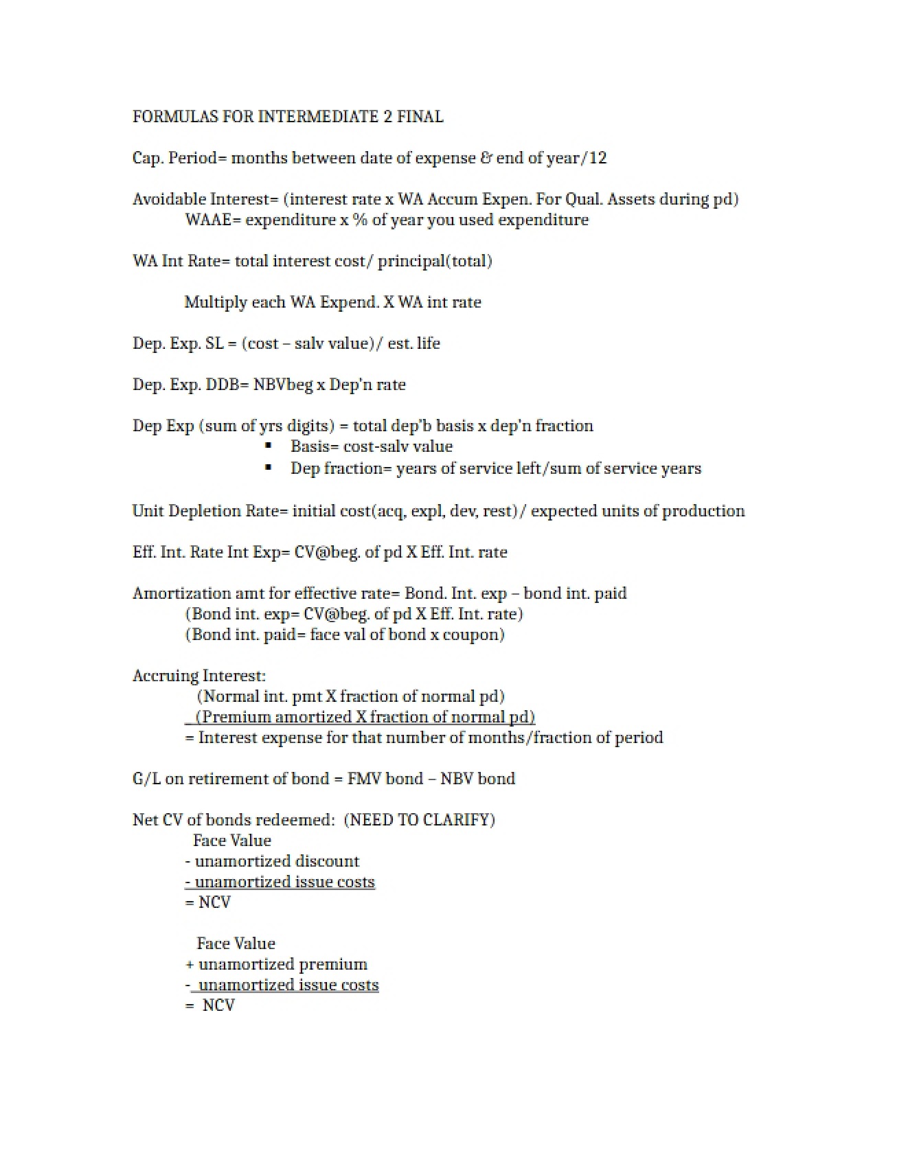 Formulas for the Intermediate 2 Final Exam