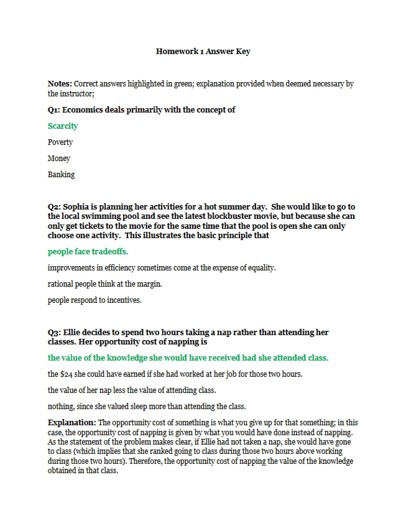 Answer Key for Microeconomics Homework One