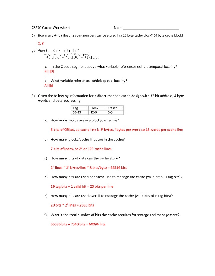 Worksheet on Cache - CS270