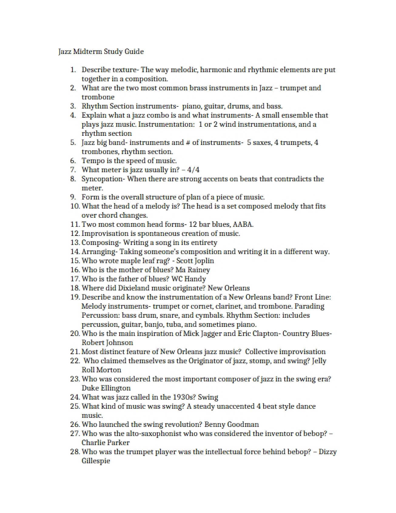 Study Guide for the Jazz Midterm