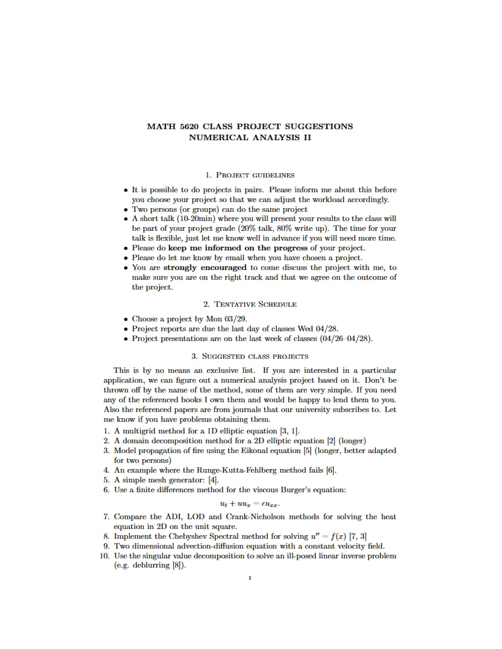 Project Suggestions for Math 5620