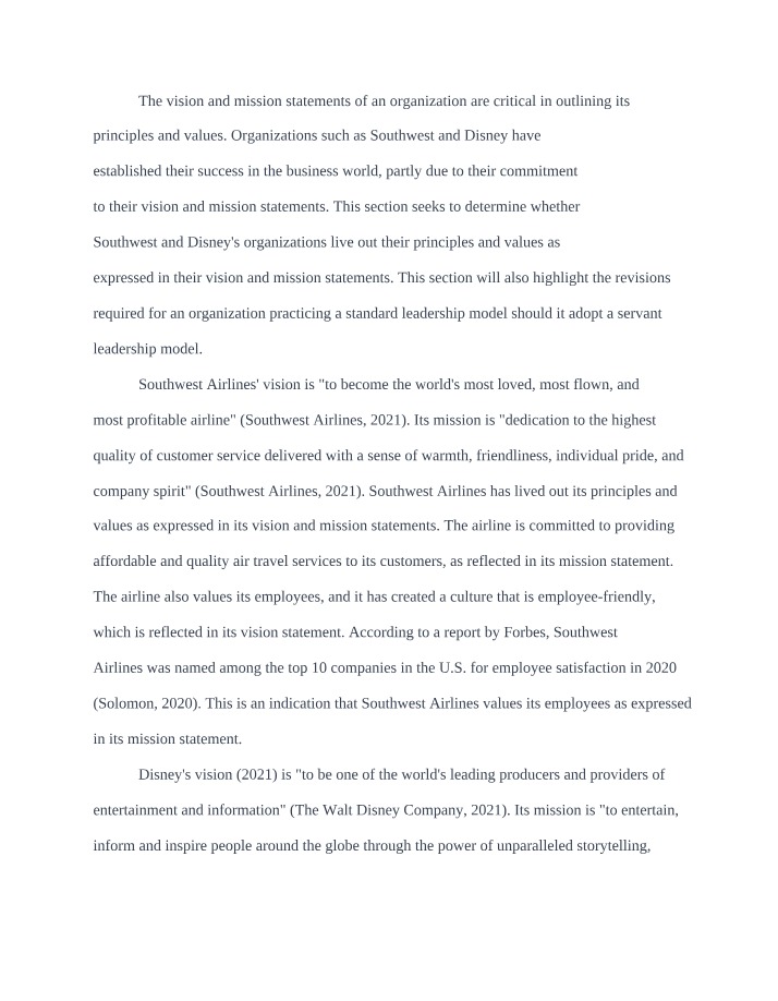 Analysis of Vision and Mission Statements - Southwest and Disney