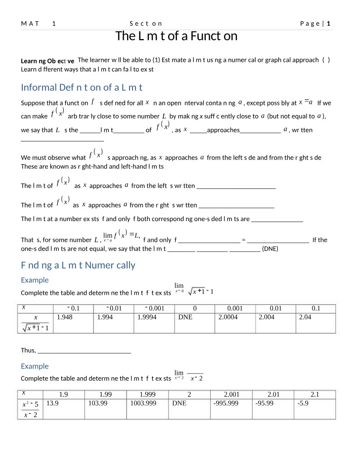 MAT 271 Section 2.2 - The Limit of a Function Notes