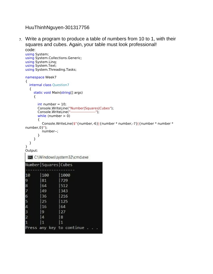 Weeks 7 and 10 C# Programming Exercises