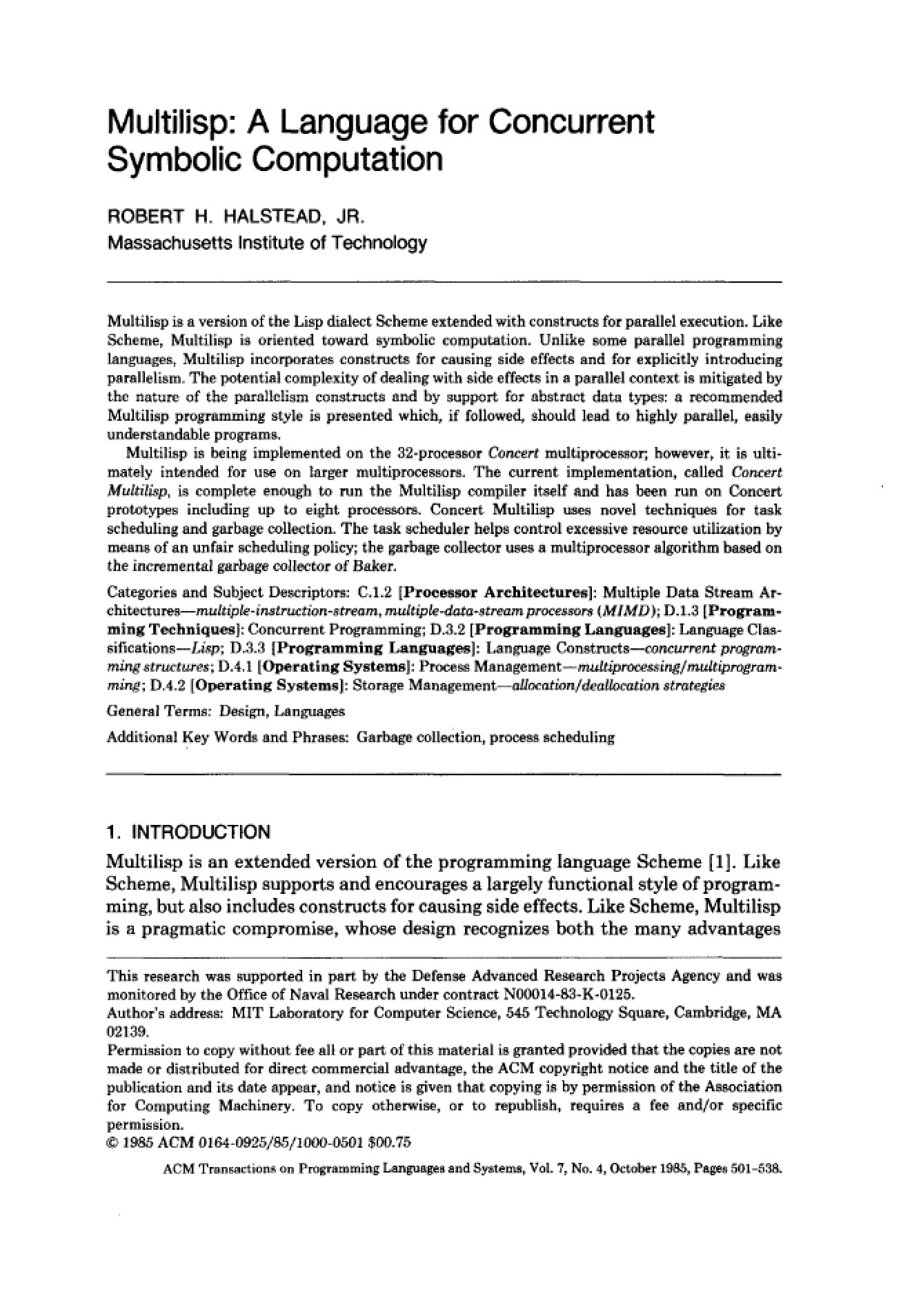 Multilisp Concurrent Symbolic Computation