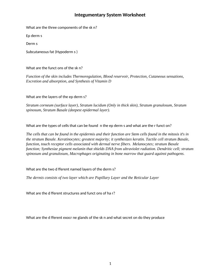 Worksheet on the Integumentary System