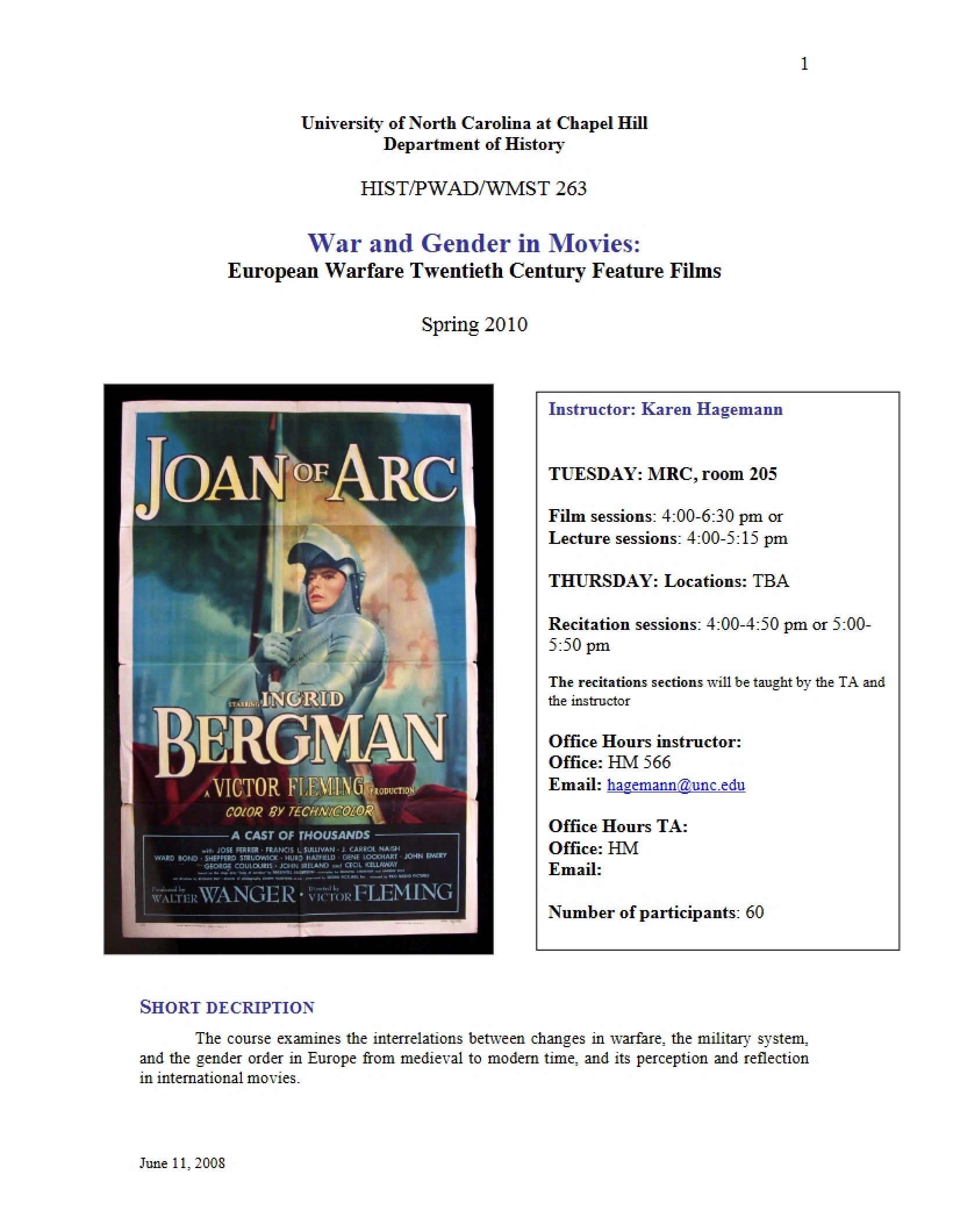 War and Gender in Movies Syllabus